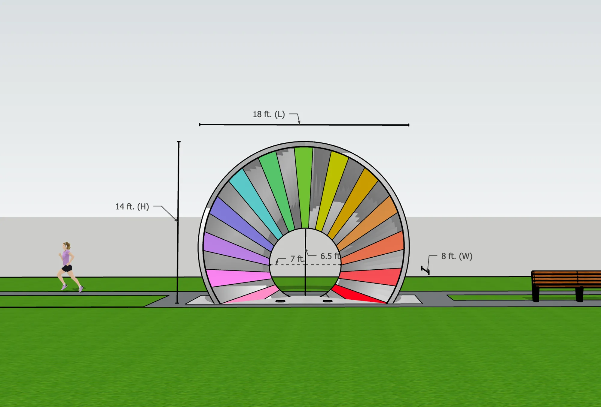 Deep Listening, front elevation — 14 feet tall, 18 wide, 8 deep